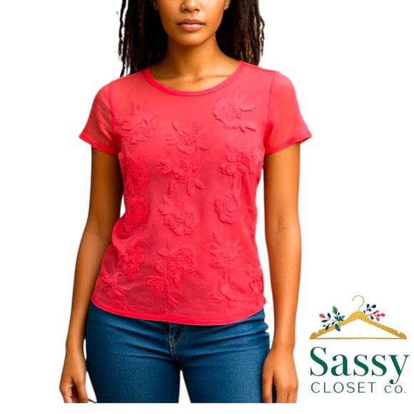 INC International Concepts Coral Pink Floral Textured Top - Picture 1 of 5